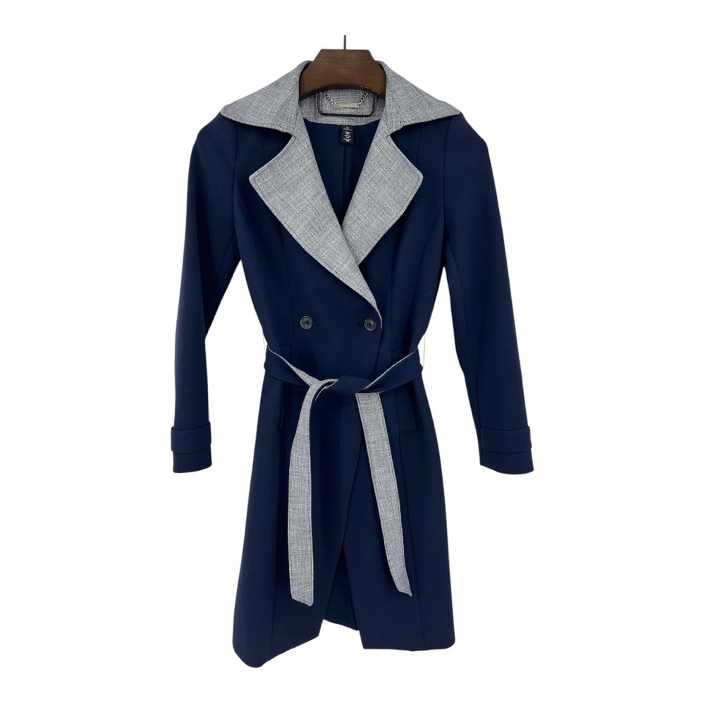 WHBM Long Double Breasted Colorblock Belted Coat Navy & Lt Blue XS